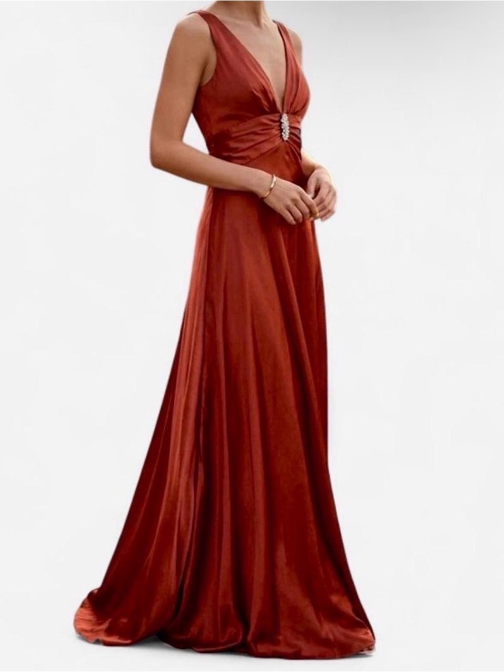 David’s Bridal Burnt Orange Satin Deep V-Neck Evening Gown